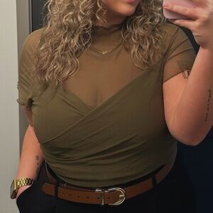 SHEIN Olive Mesh Wrap Top